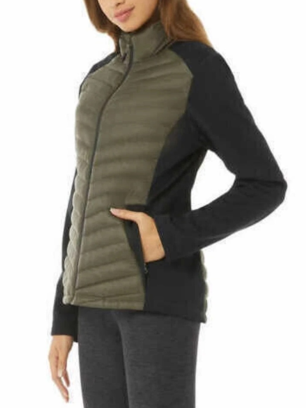 32 Degrees Olive Green & Black Quilted Hybrid Puffer Jacket - Women's